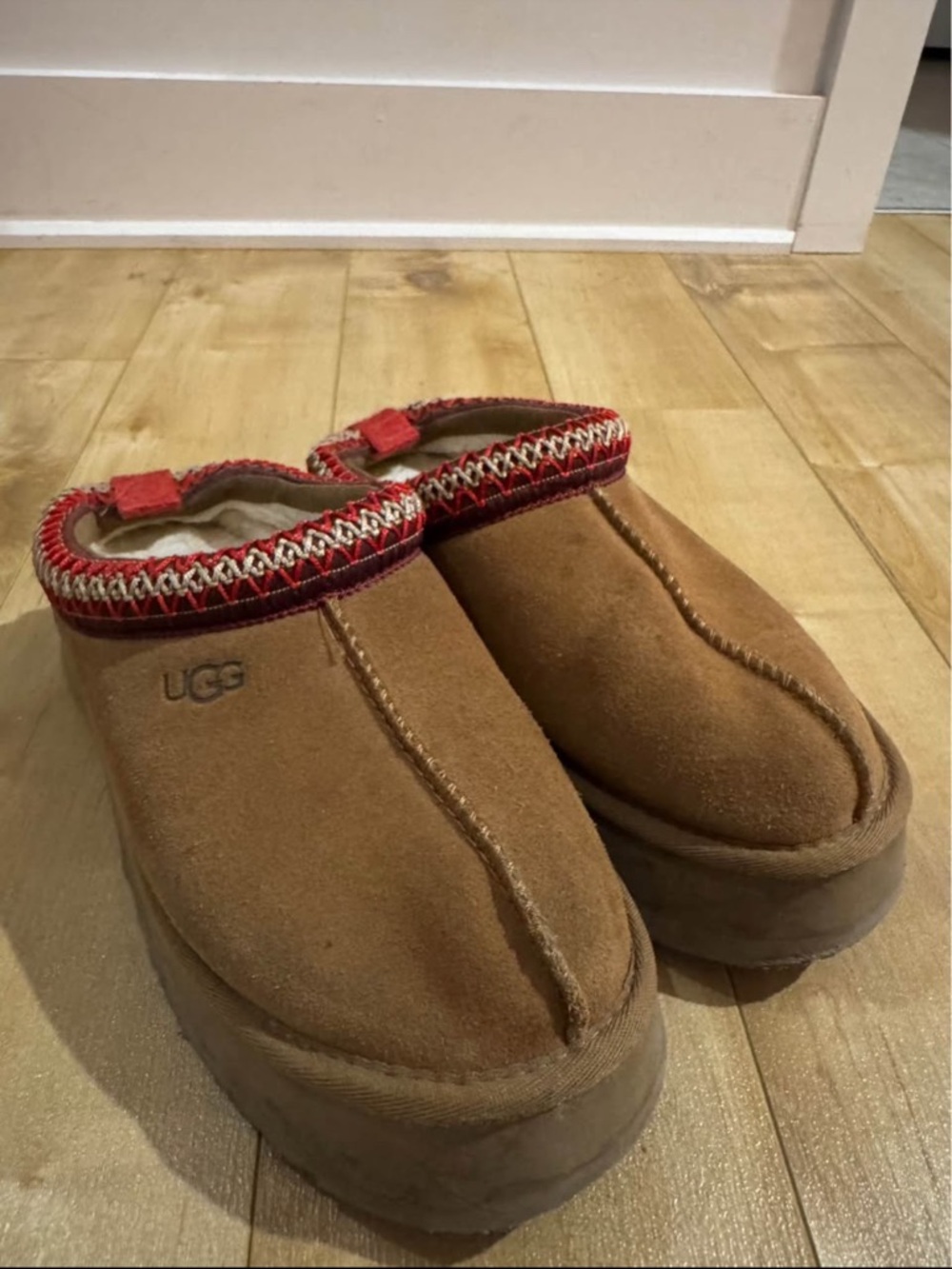 UGG Chestnut Suede Slip-On Mules with Red & Cream Trim